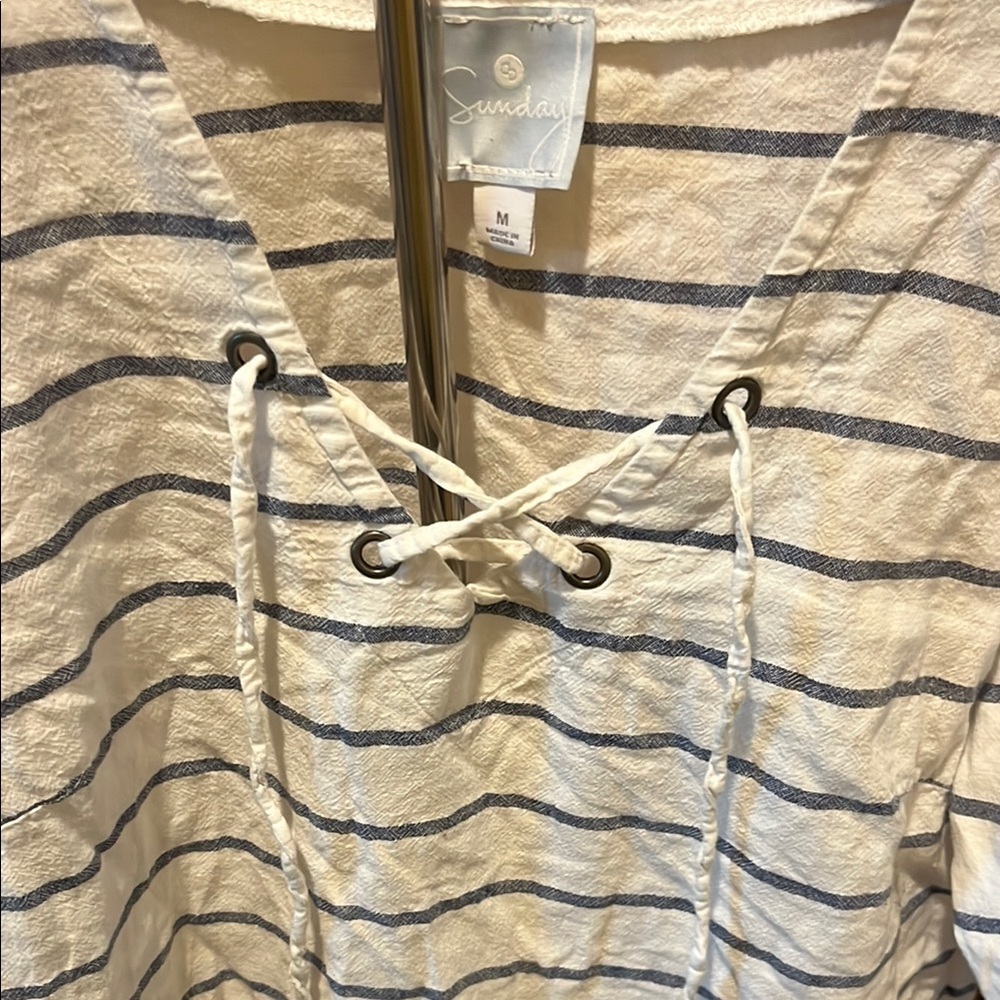 Sunday Women's Striped Blouse with Lace-Up Front in White and Blue - Picture 7 of 10